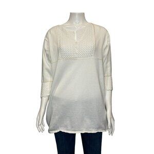 J  Jill Lightweight Sweater Medium White 3/4 Sleeve Crochet Detail Tunic Length